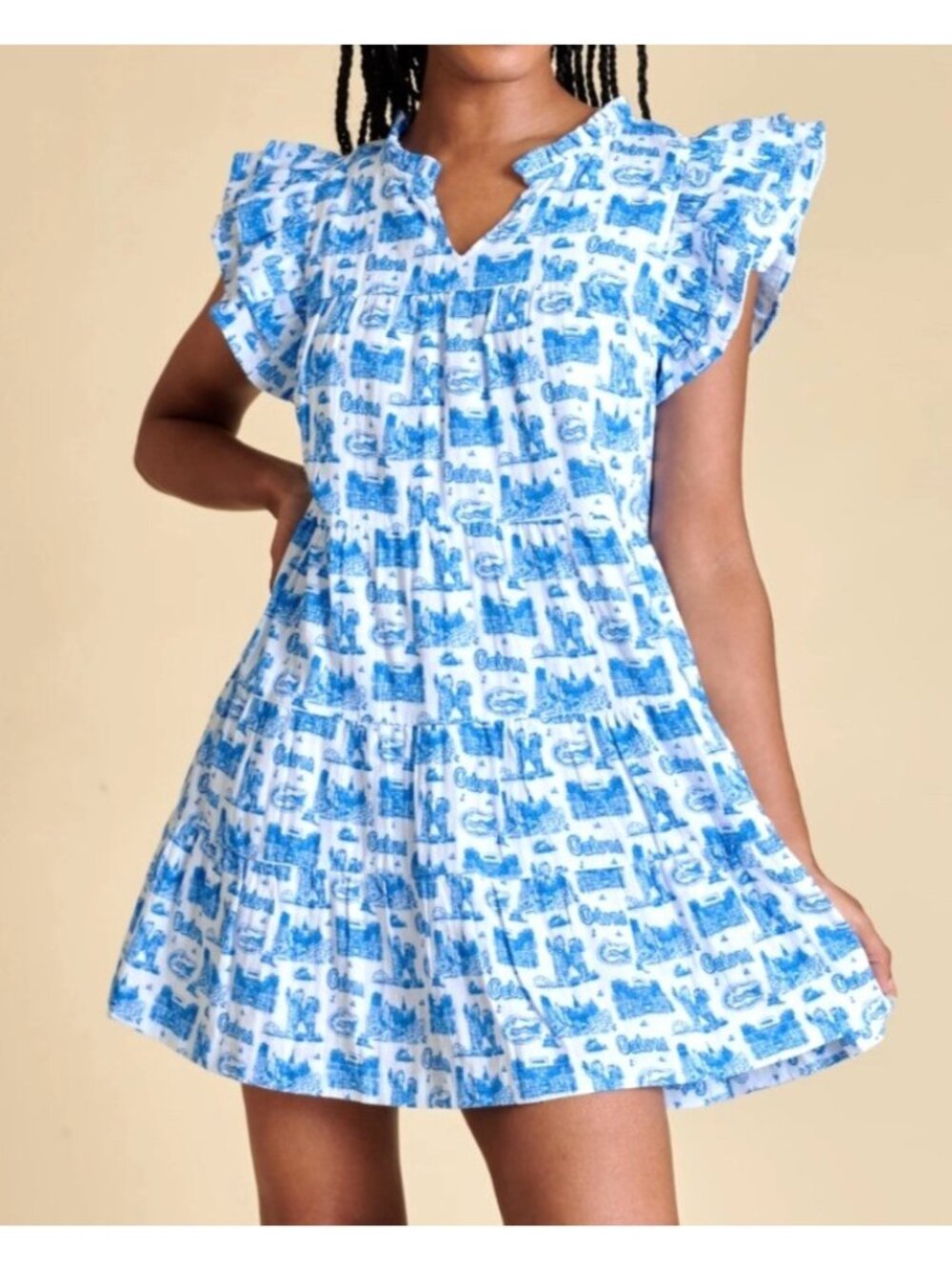 Stewart Simmons Women's Sz XL Blue White Ruffle Team Toile Flutter Sleeve Dress